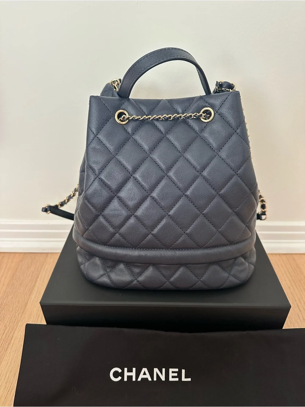 Chanel Navy Quilted Caviar Drawstring Bucket Bag- Gold Hardware/2019